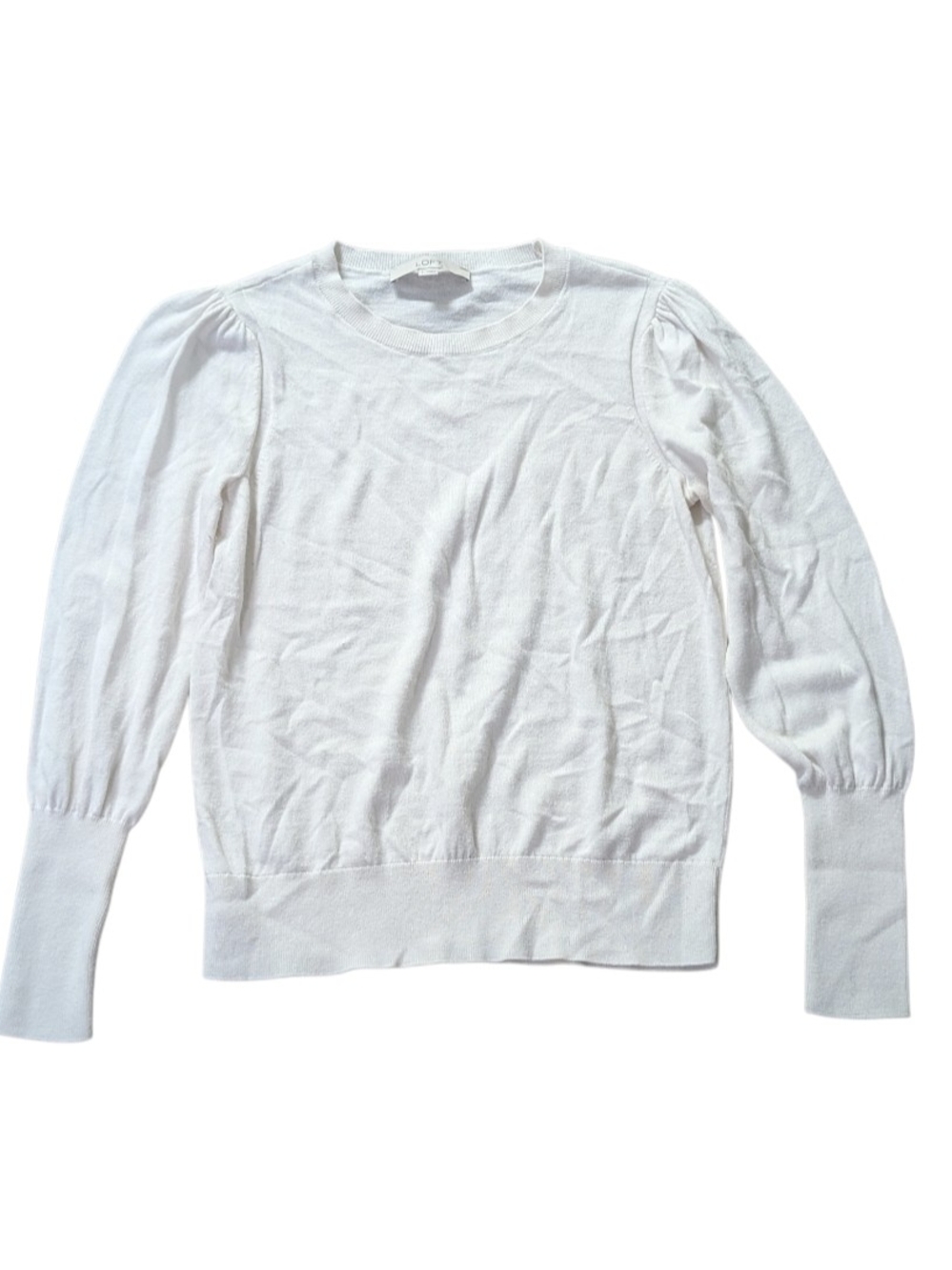 LOFT White Puff-Sleeve Crewneck Sweater Size Small